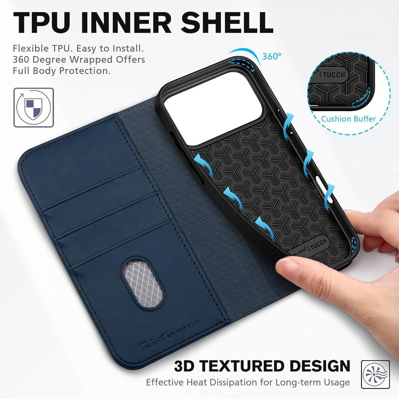 TUCCH Case Wallet for iPhone 17 Pro Max (6.9-Inch) 2025, 3 Card Slots | Kickstand | RFID Blocking | PU Leather | Protective Flip Folio Cover | TPU Shockproof Interior Shell | Deep Blue - Image 4